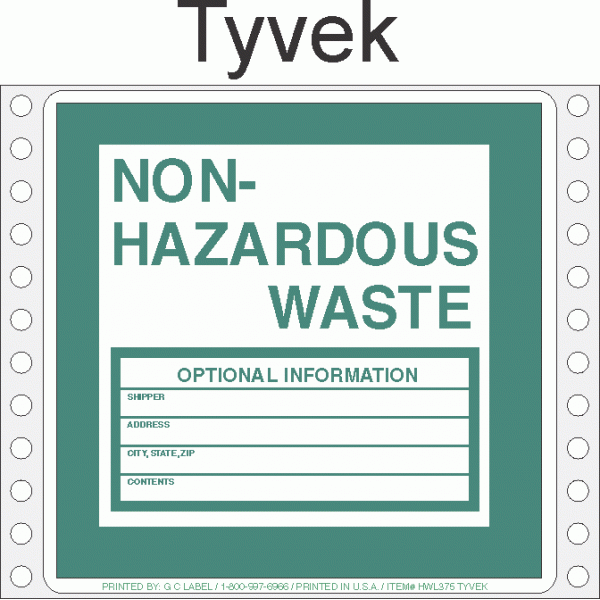 NonHazardous Waste Tyvek Labels HWL375T