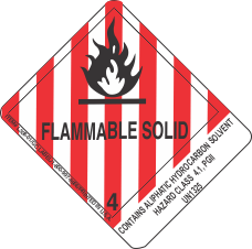 Contains Aliphatic Hydrocarbon Solvent Hazard Class 4.1, PGII UN1325