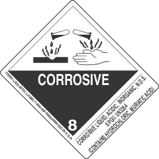 Corrosive Liquid, Acidic, Inorganic, N.O.S. 8 PGII, UN3264 (Contains Hydrochloric, Muriatic Acid)