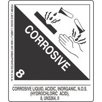 Corrosive Liquid, Acidic, Inorganic, N.O.S. (Hydrochloric Acid) 8, UN3264, Ii