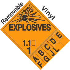 Explosive Class 1.1 Tabbed Removable Vinyl DOT Placard
