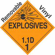 Explosive Class 1.1D NA or UN0286 Removable Vinyl DOT Placard